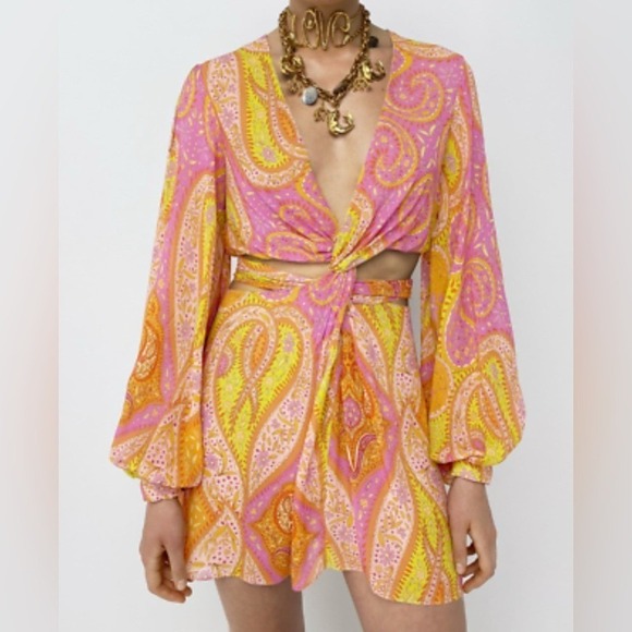 Zara Dresses & Skirts - Zara Paisley Cutout Mini Dress NWT‎ Boho Festival Y2K Balloon Sleeve S